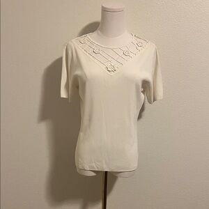 Women's Cream Short-Sleeve Top with Floral Mesh Yoke